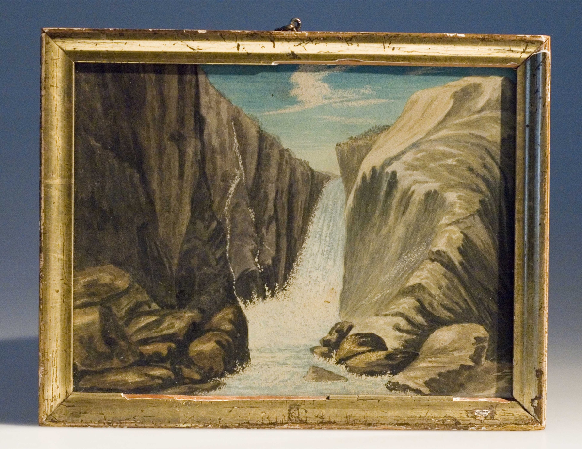 Oppstillingsliste: "Ramme: Forgylt / Henrik Ibsen: Vøringsfossen // Innskrift på baksiden sign. Francis Bull."
Akvarell i ramme.