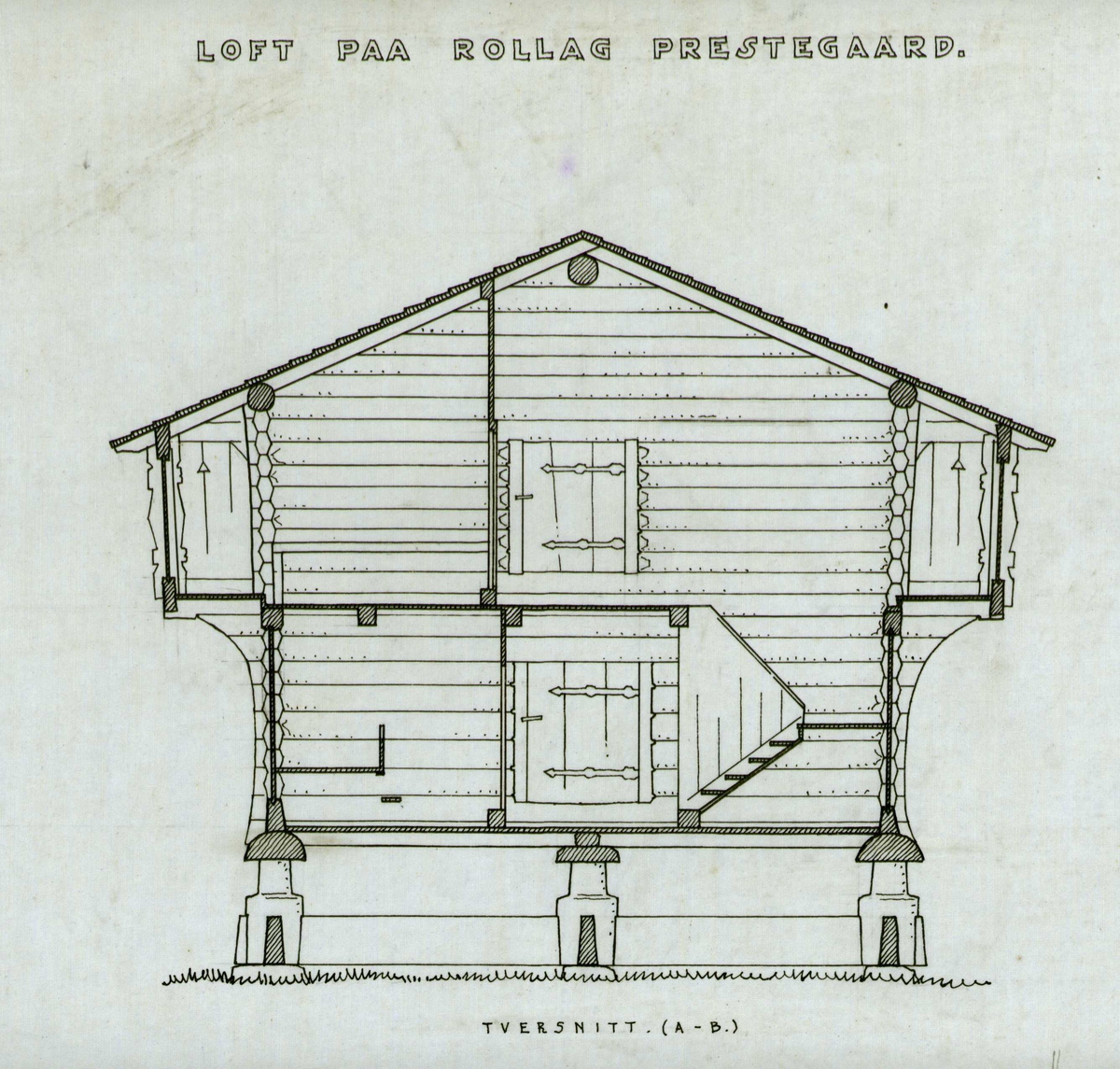 Erling Gjones tegning (1929) av loft på Rollag prestegård, Numedal, Rollag, Buskerud.