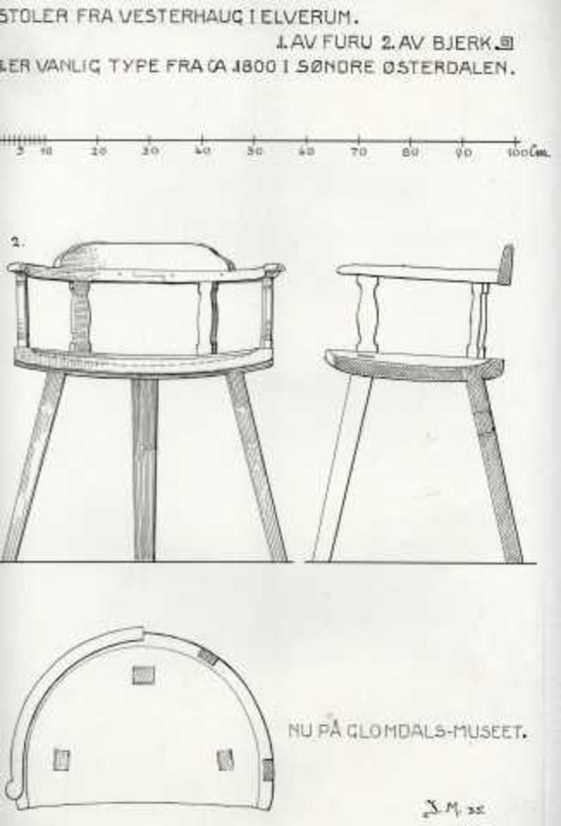 Johan J. Meyers tegning (1935) av stoler fra Vesterhaug, Elverum, Hedmark. Nå på Glomdalsmuseet.