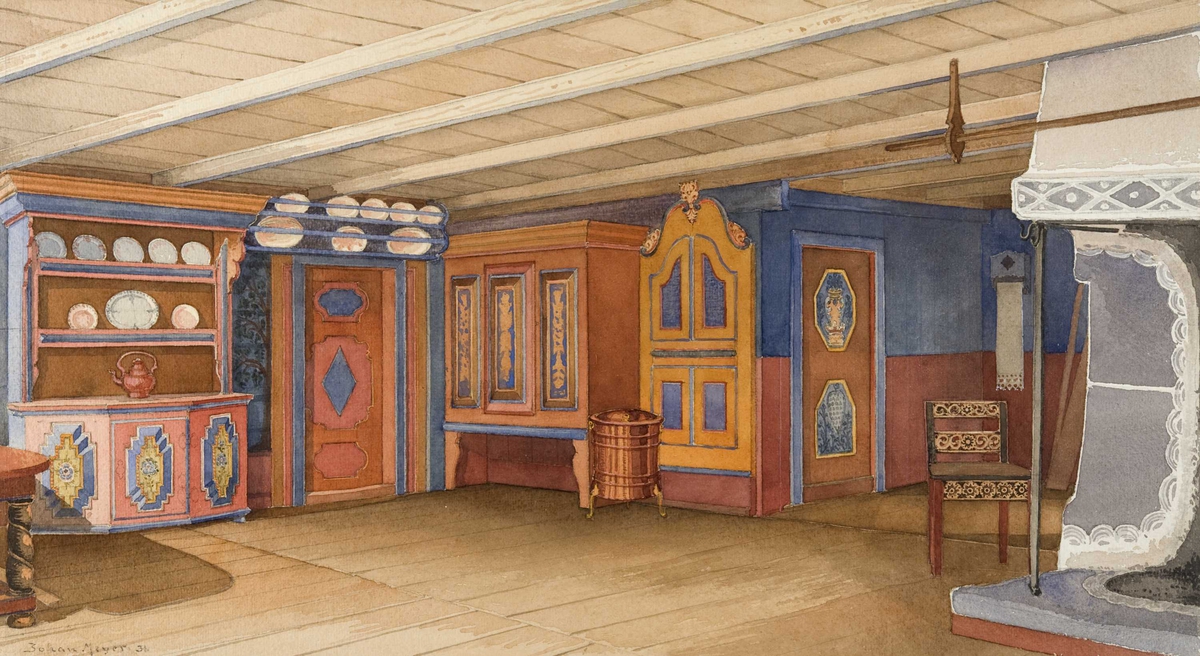 Johan J. Meyer akvarell (1931) av stueinteriør, Holen, Grimsbu, Folldal, Hedmark. Interiøret oppsatt 1755 og  malt 1773.