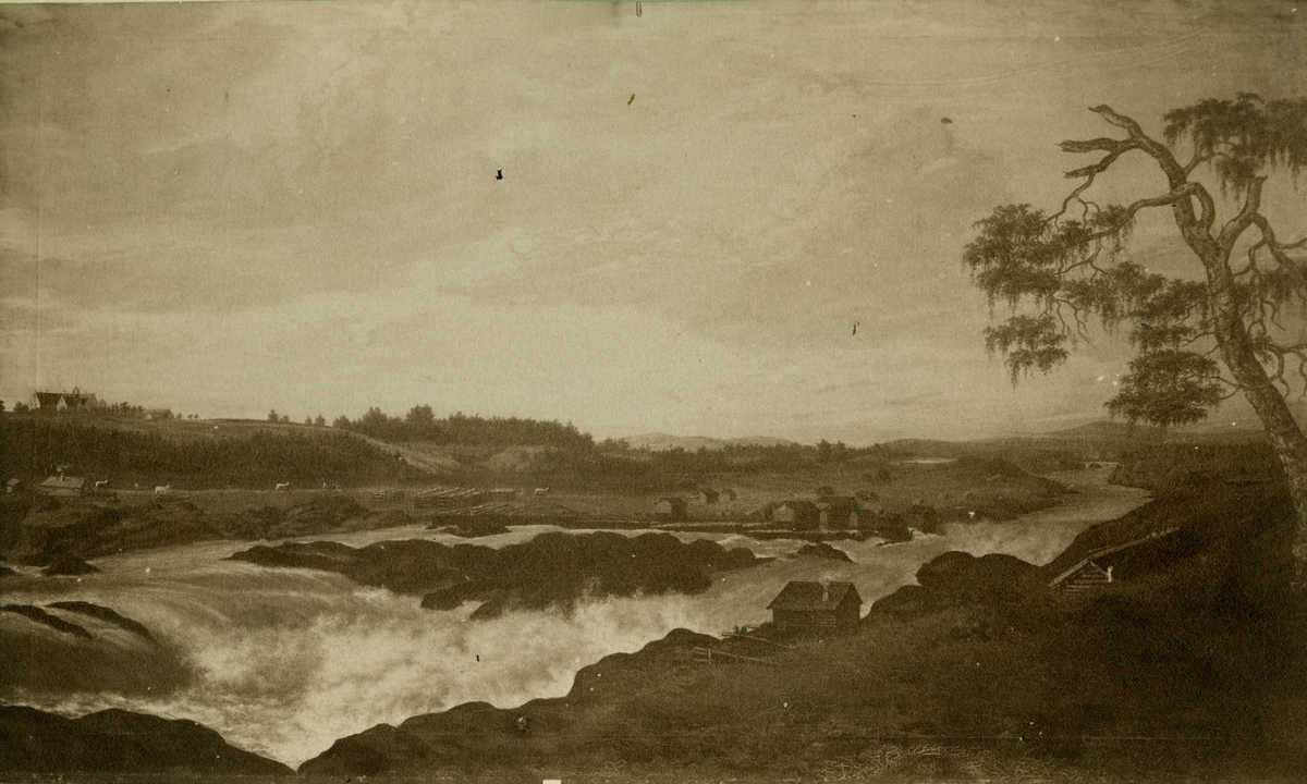 Borregaard, Sarpsfossen, Østfold. Fotografi av maleri fra Borregård og Sarpsfossen. Den kulturhistoriske Udstilling i Kristiania 1901.