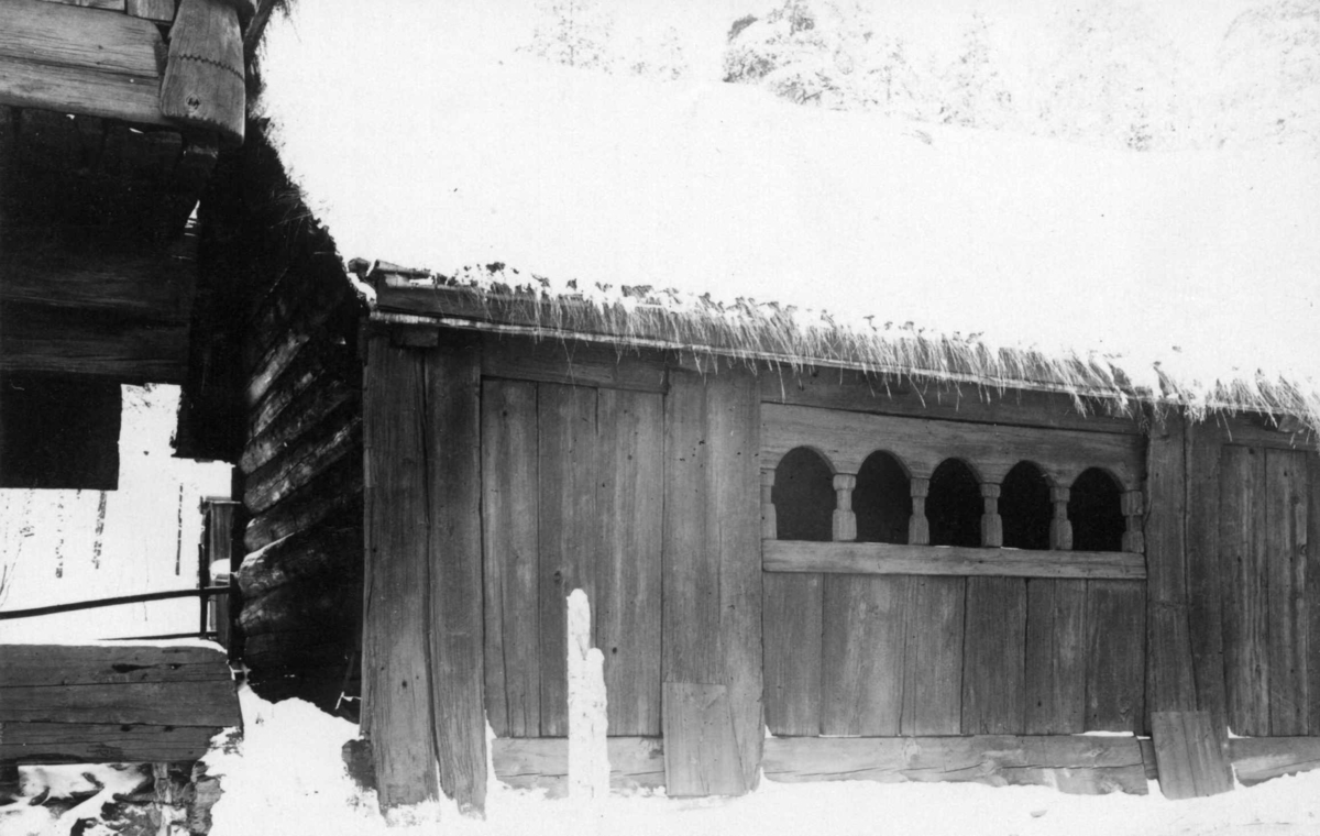 Årestue fra Kjelleberg, Valle, Setesdal. Sval oppsatt foran stua. Fotografert på Norsk folkemuseum, 1925.
