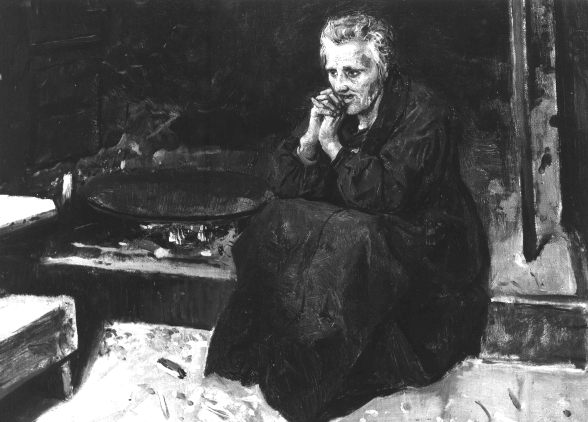 Maleri fra1874 av Adolph Tiedman: "Nød". En kvinne sitter ved en takke i grua. 
