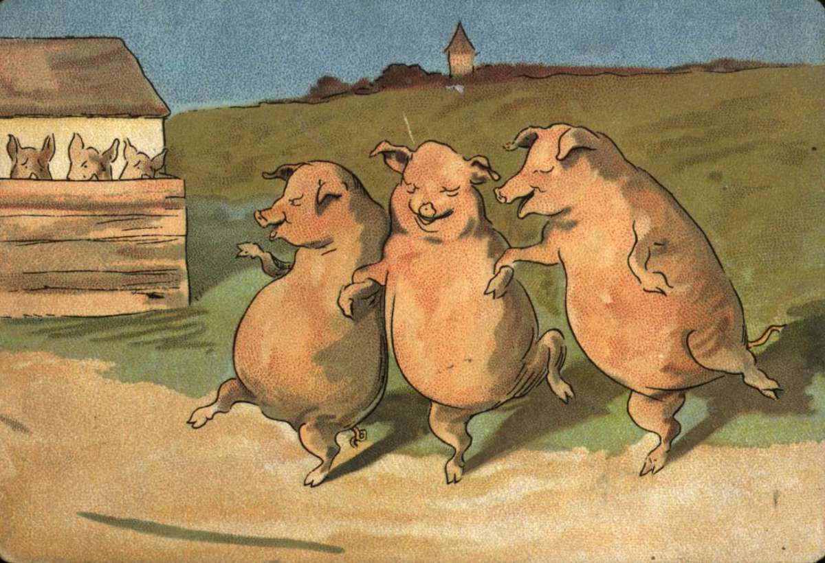 Postkort. Jule- og nyttårshilsen. Dyremotiv. Tre glade griser danser utenfor grisebingen. Datert julen 1898.