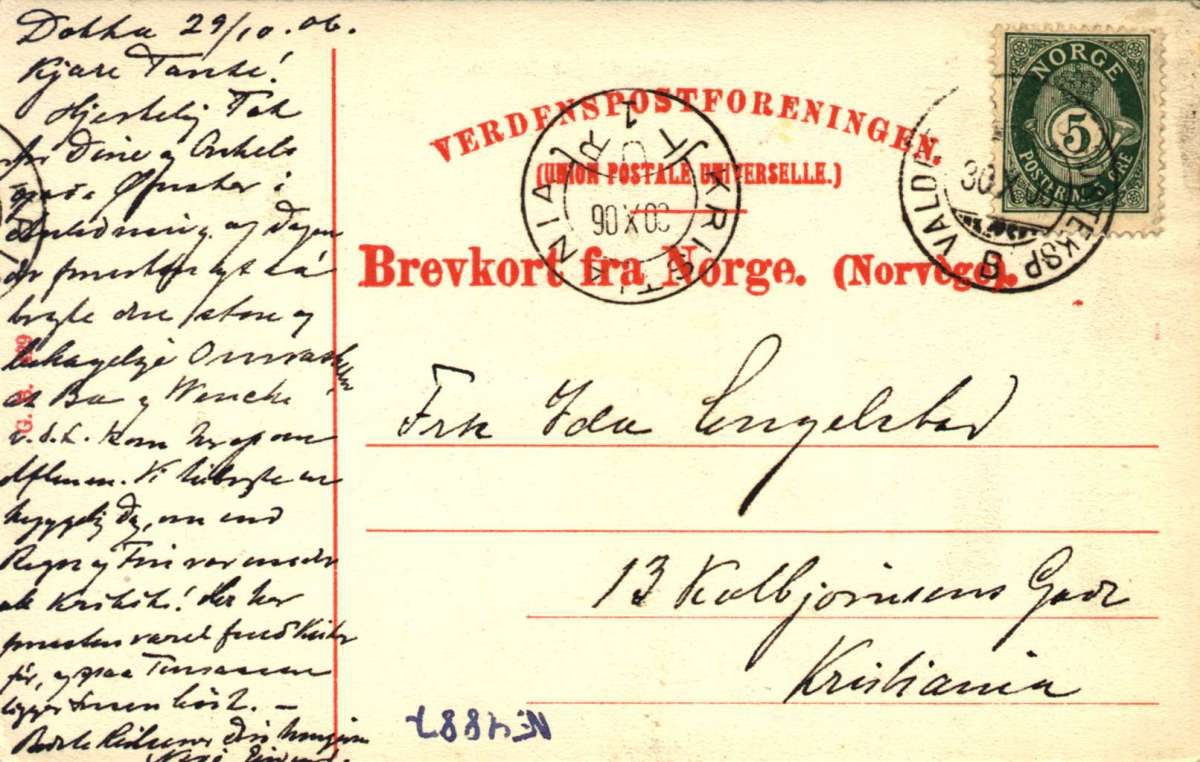 Postkort. Kveldsbilde fra en seter. Stemplet 30.10.1906.