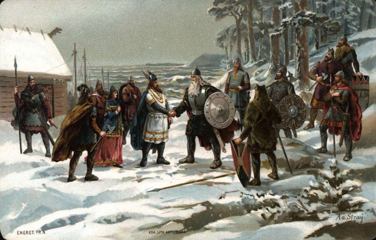 Postkort. Vikinger hilser på hverandre.