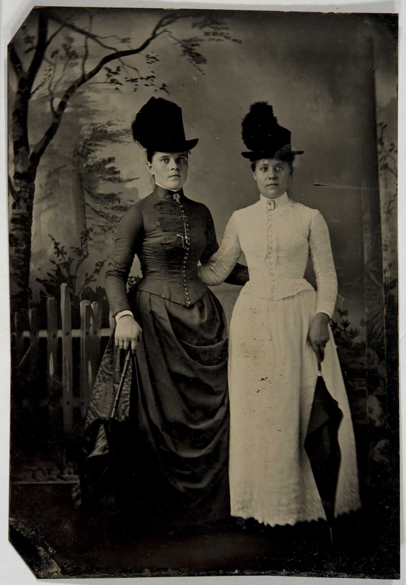 Portrett av to kvinner, ukjente. Kvinnene poserer i helfigur i atelier med bakteppe. Fra familiealbum som har tilhørt norsk-amerikaner.