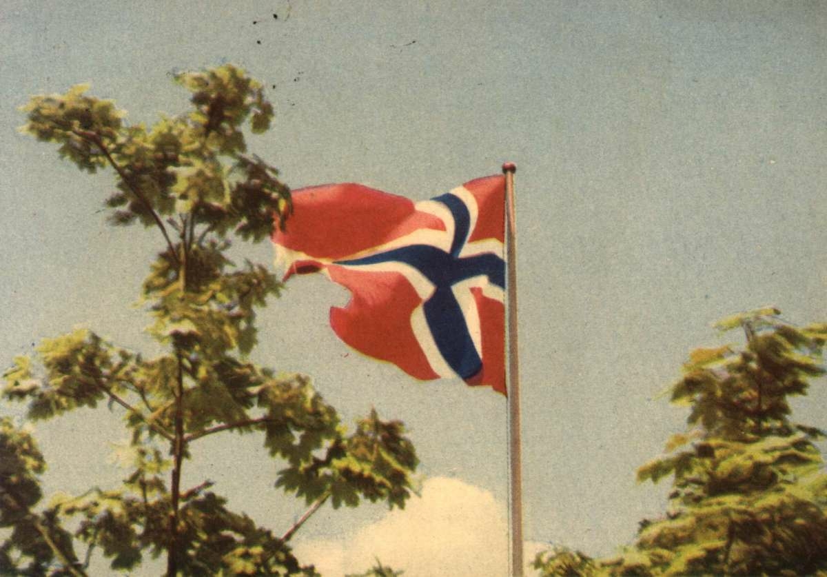 Postkort. Sommerhilsen. Fotografisk motiv. Norsk flagg. Trær. Stemplet 02.07.1945.