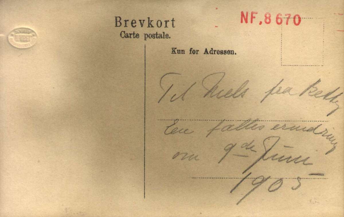 Postkort. Seremoni ved Akershus festning. Tekst på postkortet: Da Norges gamle flag sænkedes. Kl. 10 den 9de juni 1905.