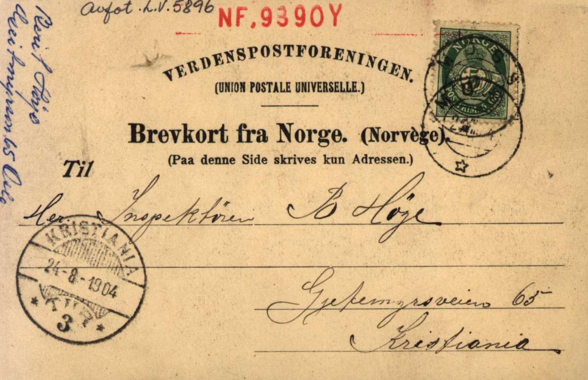 Postkort. Fotografisk motiv. Moss. Datert Kristiania 24.08.1904. Håndkollorert.