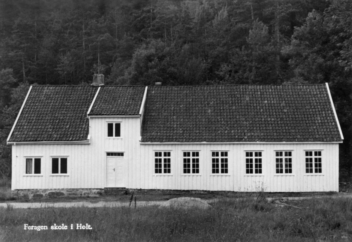 Holt skole i Tvedestrand, bygd i 1817 og brukt til 1912.
Venstre del er degnebolig. Høyre del er skolestuen. Kallenavnet "Feragenskolen" har den fått på grunn av Andreas M. Feragen, som var lærer der i over 60 år (1846 - 1912). Fungerer nå som skolemuseum.