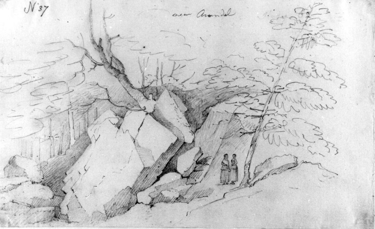 Arendal omegn, Aust-Agder,
Fra skissealbum av John W. Edy, "Drawings Norway 1800".