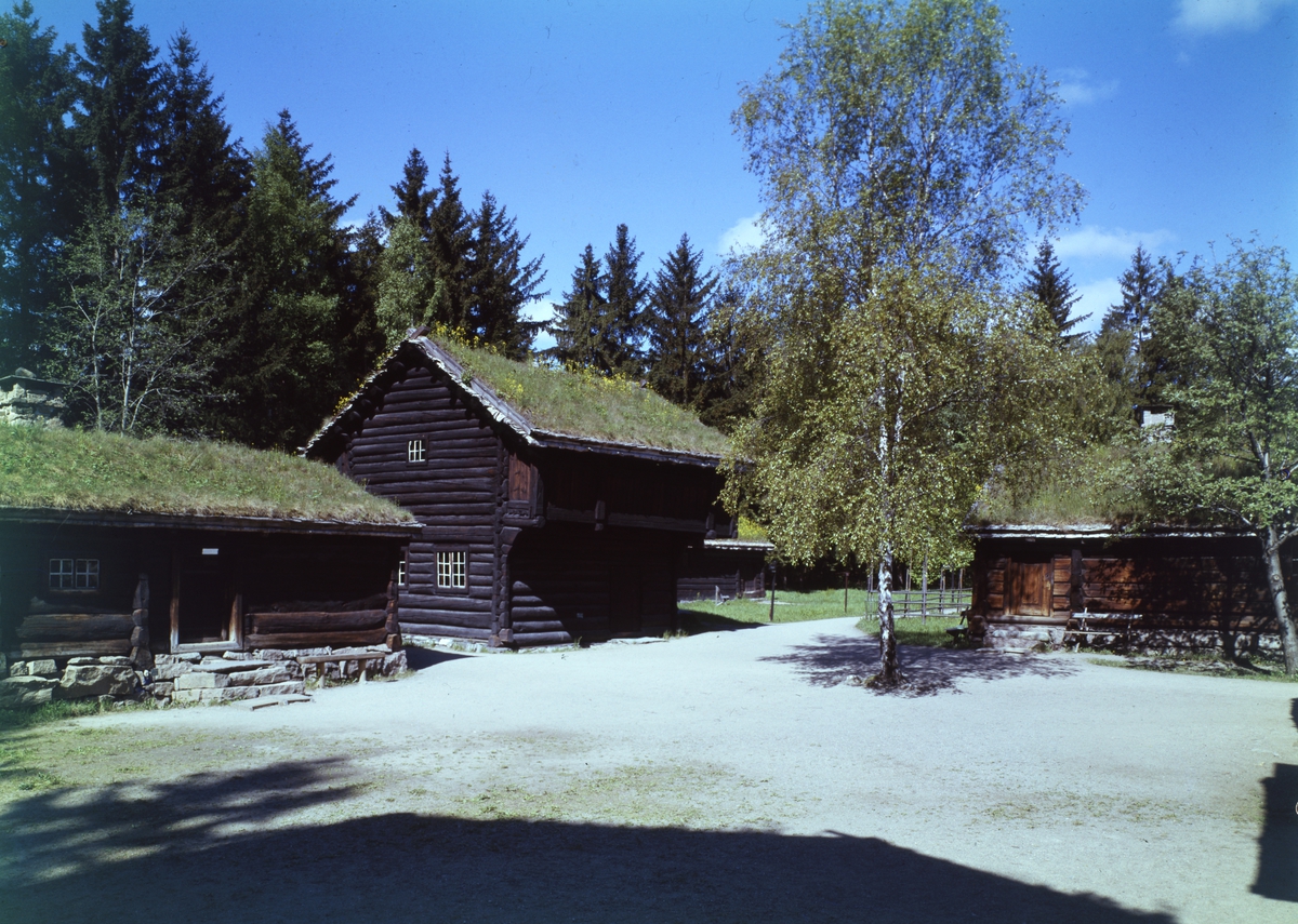 Hallingdalstunet med bygningnene på Norsk Folkemuseum. Bildet er tatt før Bjørnebergstølen ble flyttet til sin nåværende plassering.
Bygningstun med torvtak.