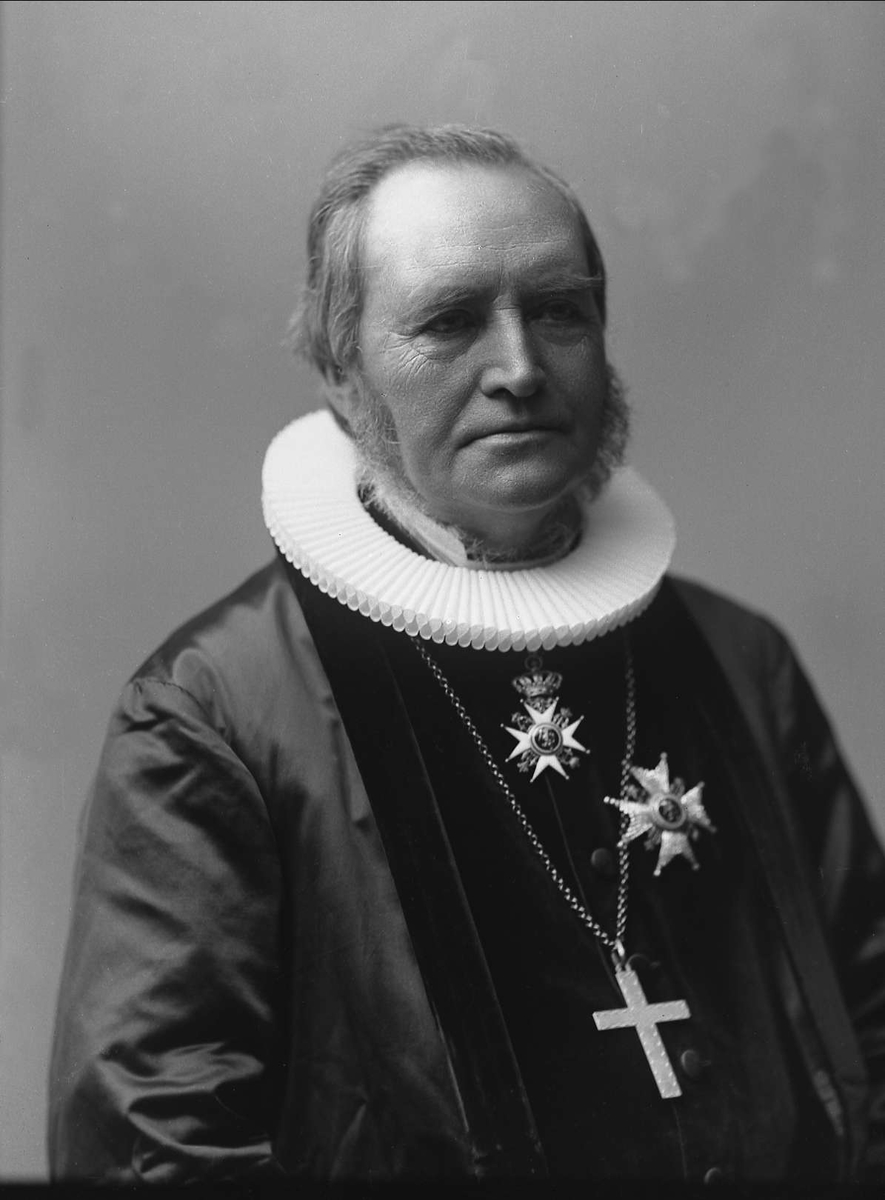 Portrett, biskop Skaar med prestekjole, bispekors og St. Olav.