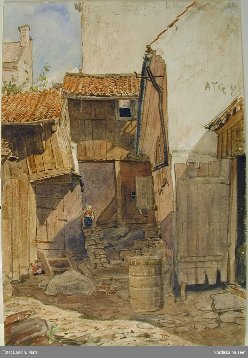 Akvarell av A T Gellerstedt. "Bakgård vid Riddargatan 1867."