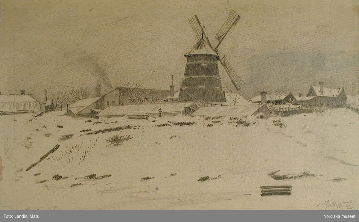 Teckning av A T Gellerstedt. "En av ATGs mest porträtterade kvarnar var den bastanta 'Holländskan' i kvarteret Åsen på Södermalm. Januari 1891."