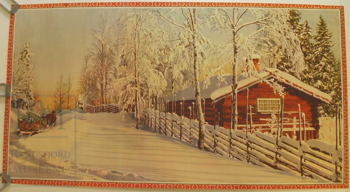 Julemotiv: Vinterbilde med snø, laftet tømmerhytte med lys i vinduet. Utenfor hytta er det skigard og bjørker og bakfra ser en en hest som drar vedlass med granbuske på toppen av lasset.
