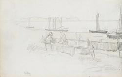 Garntørking og båter på stranden, Rügen [Tegning]