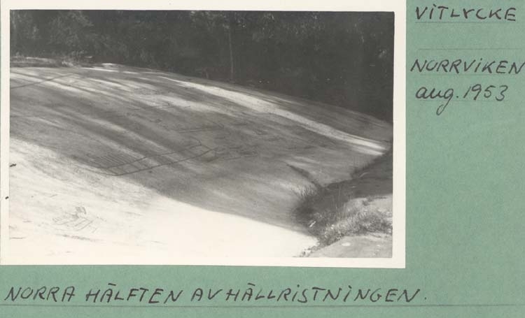 Noterat på kortet: "Vitlycke Norrviken. aug.1955."
"Norra hälften av hällristningen."