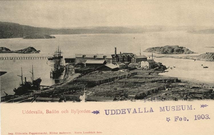Tryckt text på vykortets framsida: "Uddevalla Badön och Byfjorden."
