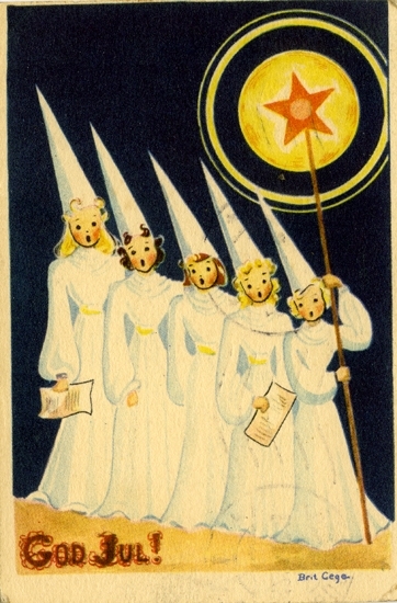 Julkort från 1940-talet: "God Jul!" Fem flickor som stjärngossar.