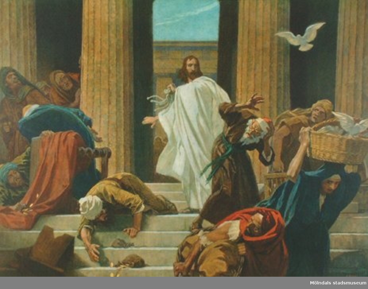 Kristendomskunskap:Jesus rensar tempelgården. Bibeln i bild nr. 41.Konstnär: G. Fugel.