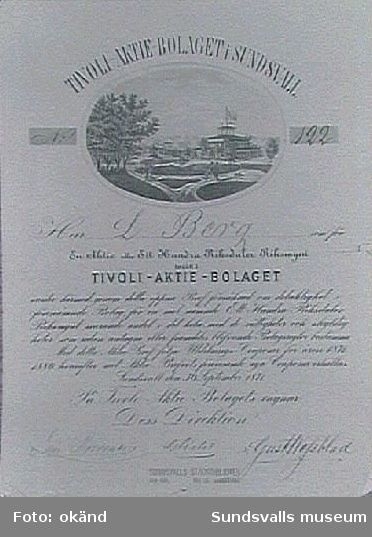 Aktiebrev för Tivoli-Aktie-Bolaget i Sundsvall, utställt på Herr L. Berg.