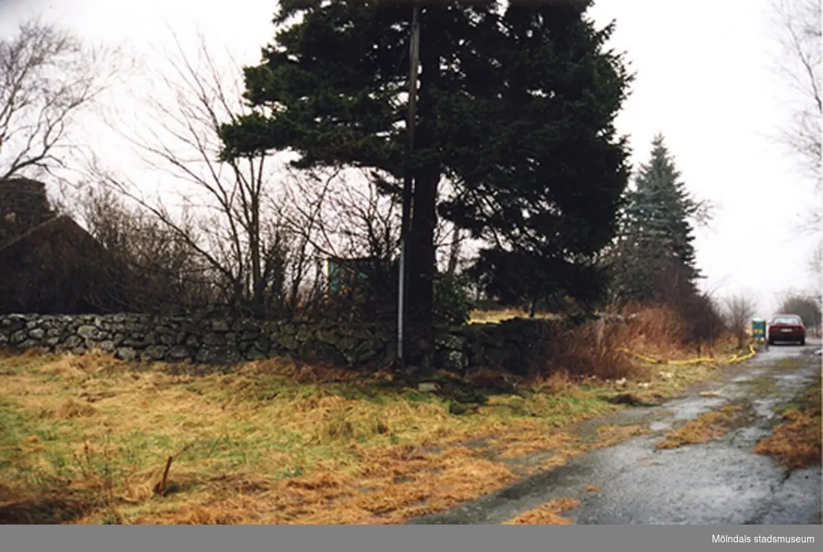 Stenlagda murar, till före detta smedjan "Ljunghalla" Gastorp 9:1 område 5 i Lindomemotet, vid den plats där trädgården har legat, januari - februari 1999.