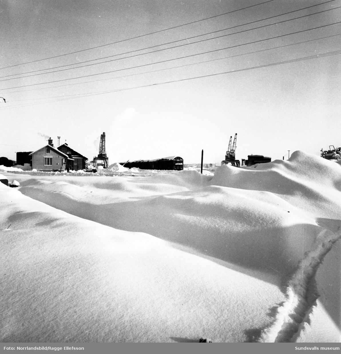 Hamnen är tom på båtar i början av februari den rekordkalla vintern 1966. Isläget i norr satte stopp för all sjötrafik. Samma dag som de här bilderna tas i Sundsvall uppmättes rekordnoteringen -53 grader i Vuoggatjålme, Lappland.