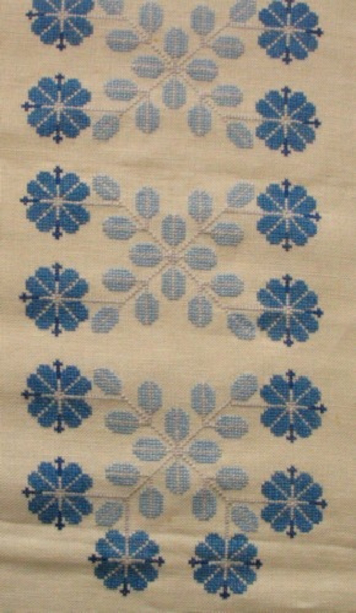 Broderad rektangulär stor duk, sydd på Skollinne II med Klippans HV 40/2 i 4 nyanser blått och grått. Finns även i rosa färgsättning. Mönstret av blå blommor och grå blad bildar en bård på mitten 18 x 95 cm. Duken är fållad med hålsöm.