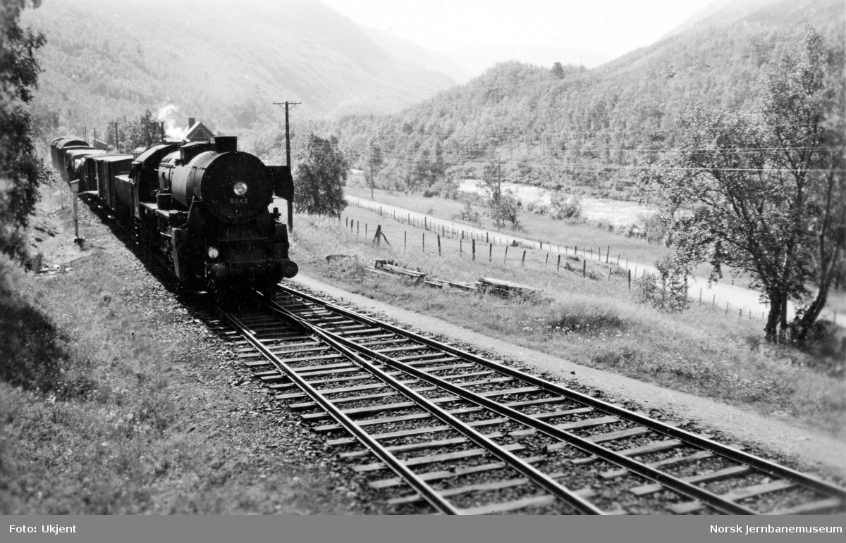 Damplokomotiv type 63a nr. 5842 med godstog ved søndre sporveksel Drivstua stasjon