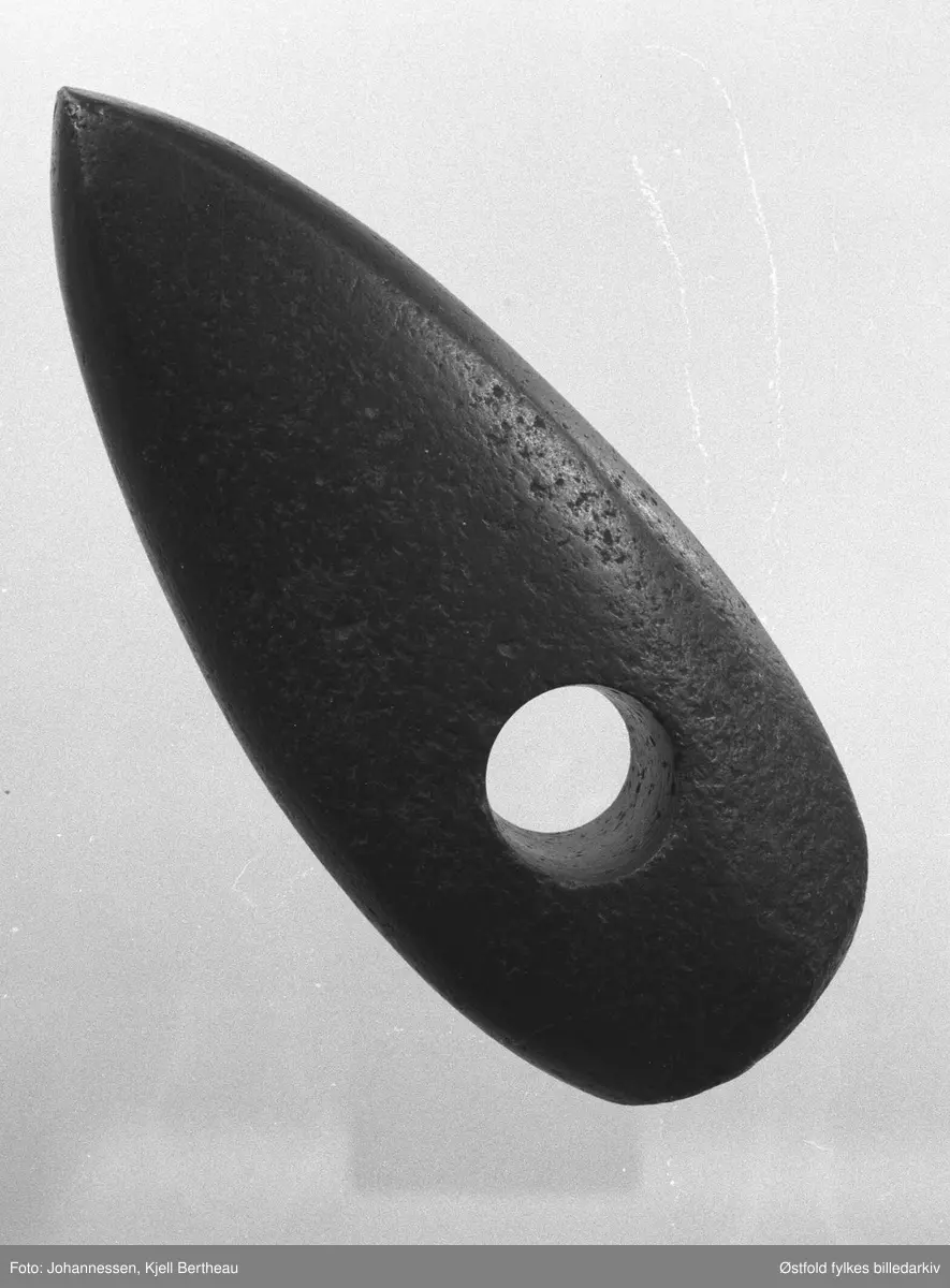 Arkeologiske gjenstander fra Edmund Rees samling på Jeløy, fotografert 1974. Skafthulløks.