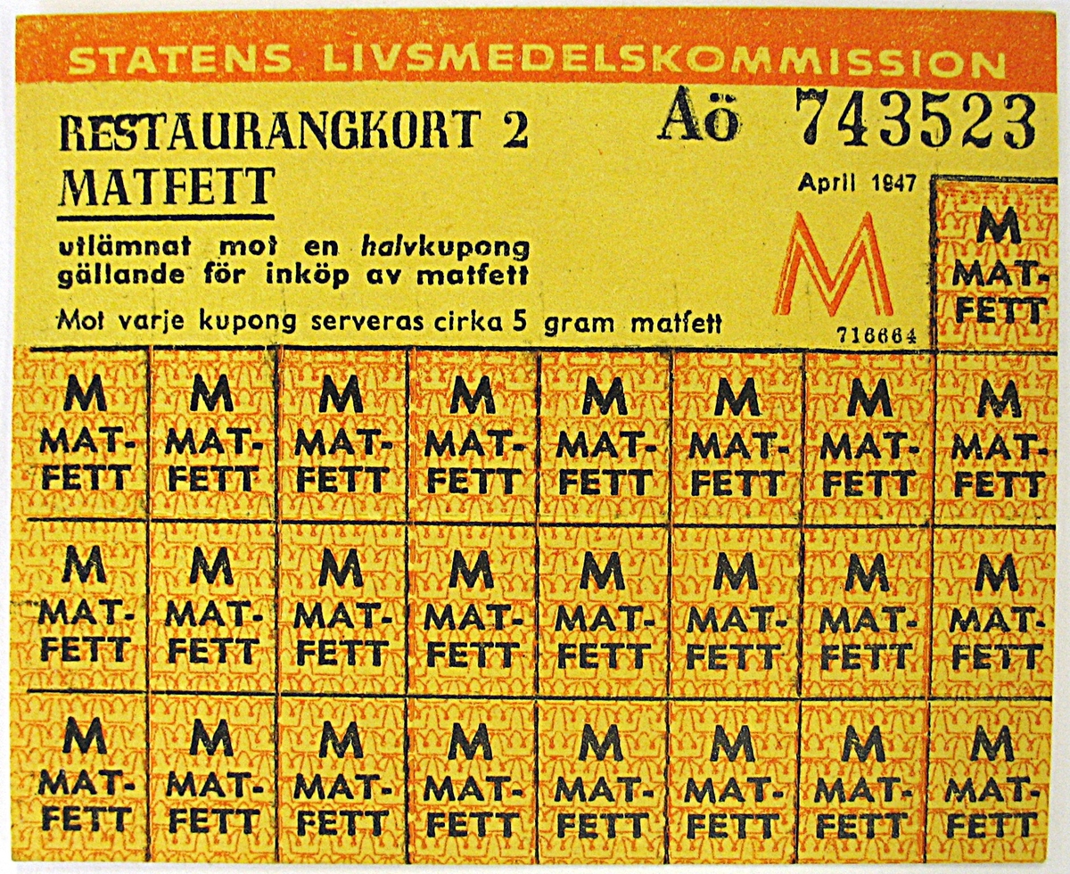 Ransoneringskort,restaurangkort för matfett. Kortet har använts under april 1947.

Kortet har tillhört Karin Bohlin, mamma till givaren.