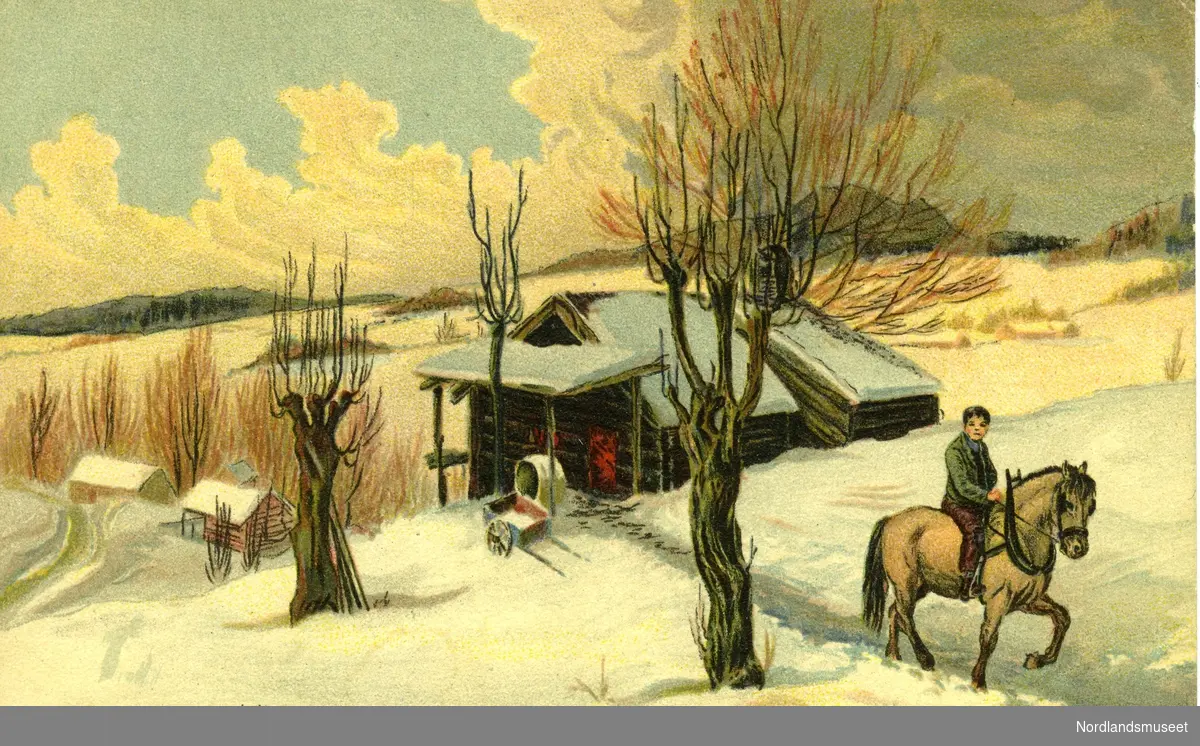 Postkort med landskapsbilde, vinter. På postkortet er det avbildet et hus, flere trær, en gutt på en hest. I bakgrunnen ser vi fjell, samt to hus.

Bakside: Ikke stemplet eller datert.