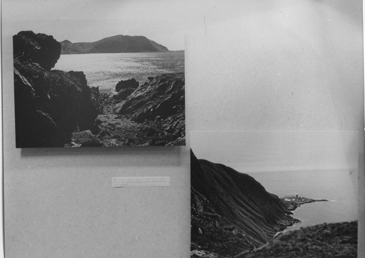 'Avfotografering av utställningen: Rundøy -fågelö på Skandinaviens västkant, 1966-10-22-1966-12-15: ::  :: 2 st foton med vyer av berg, klippor och hav. ::  :: Ingår i serie med fotonr. 6982:1-19.'