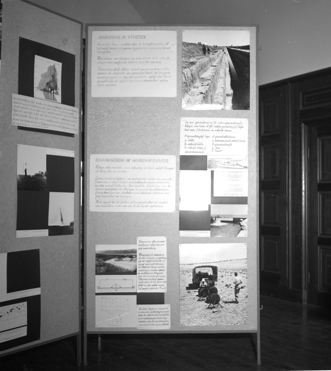 'Uställningen ''Människan och öknen - en utställning presenterad av UNESCO''. ::  :: Sektion av utställningsskärm, troligen inne i biblioteket, under arbetet med att sätta ihop utställningen ''Människan och öknen''. Med titel ''Användning av ytvatten'' och ''Rekognosering av grundvattenytor''. ::  :: Ingår i serie med fotonr. 6984:1-18.'