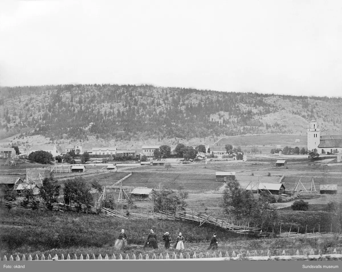 Panorama över Västermalm och centrala delen samt vy ned mot inloppet från söder. I bildsviten finns tre olika utsnitt av samma vy. Före branden 1888.