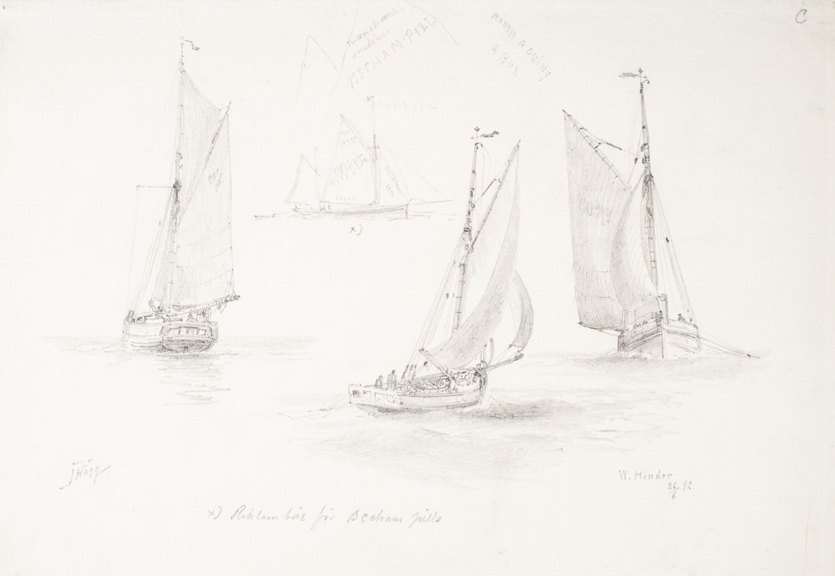 Tre stycken fiskebåtar och en kutter med reklam för Beckam Pils. W Hinder 28/6 1892
