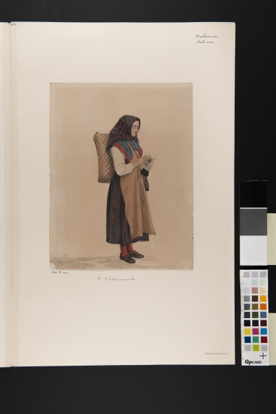 Kvinna i helfigur. "Vallkulla med stickning". Akvarell av P Södermark 1850.