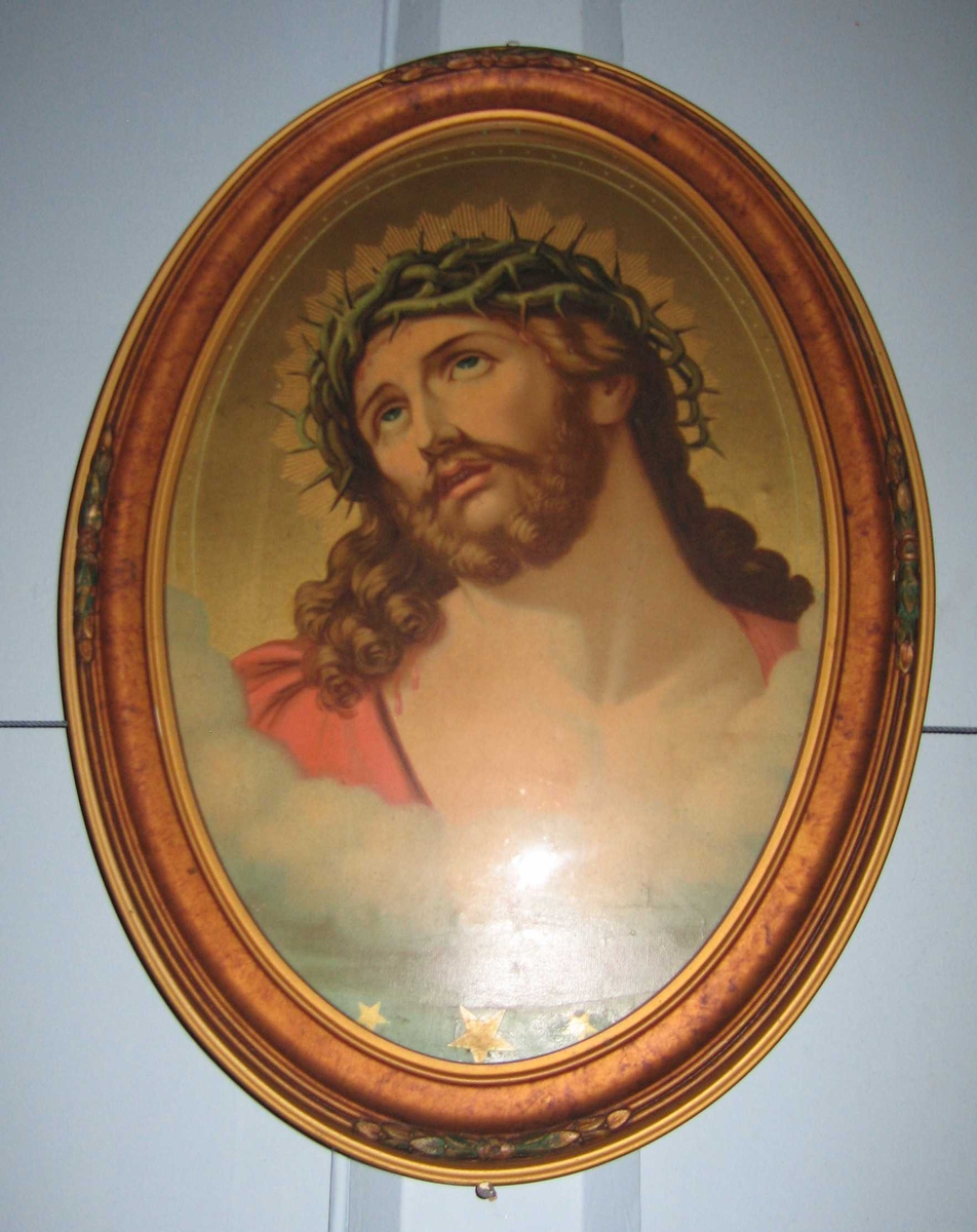 Jesus Kristus med tornekrans rundt hodet. Oval ramme med glass.