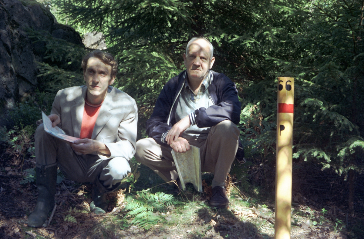 Olle och Sture Lindström i skogen med karta i handen. De sitter på huk framför en stor gran bredvid en gul stolpe markerad med rött och 66 P.