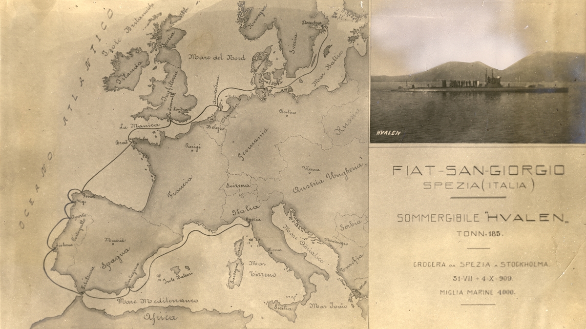 Karta över ubåten HVALENs reserutt till Sverige från La Spezia i Italien år 1909.