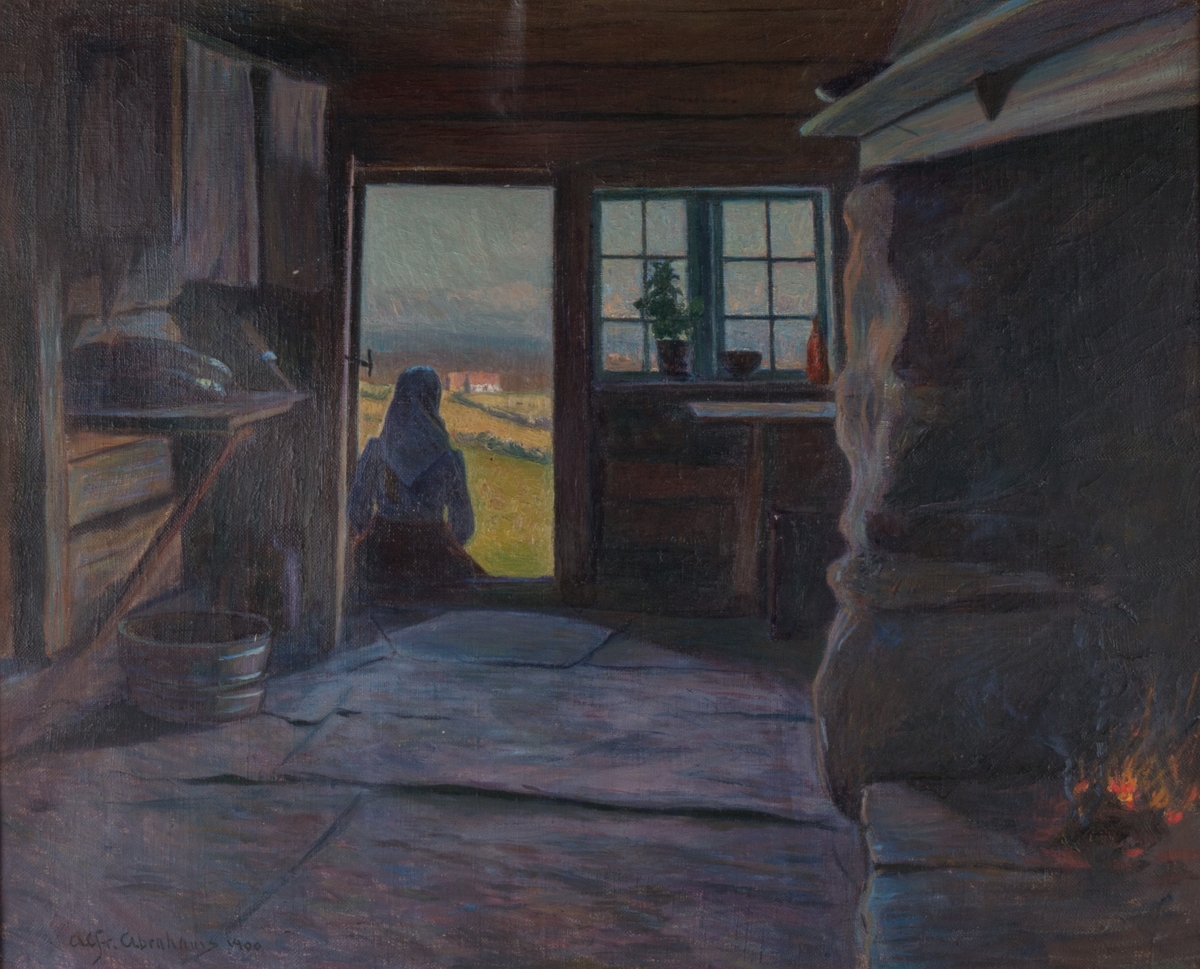 Interiørscene av kvinne som sitter i en døråpning og landskap utenfor
