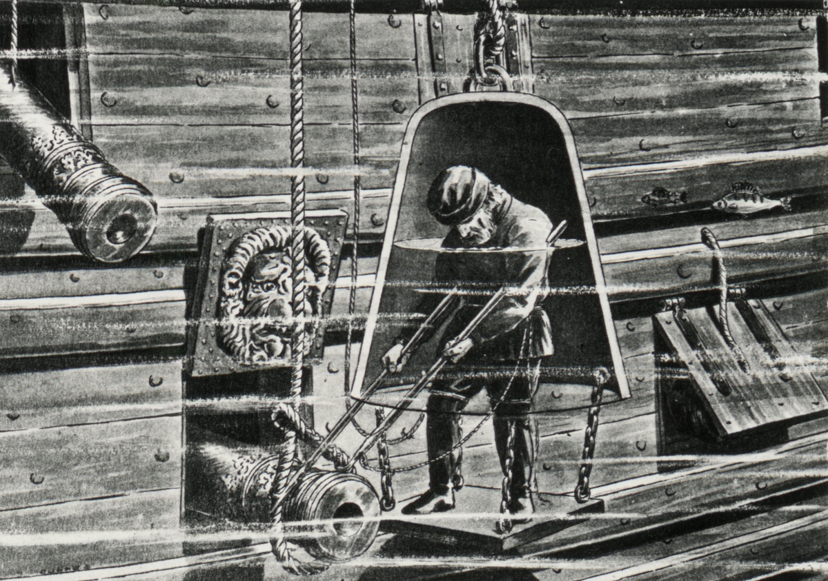 Principskiss som visar hur det kan ha gått till när man på 1600-talet bärgade en stor del av Vasas kanoner med hjälp av dykarklocka.
1664, bärgade Albreckt von Treileben och Andreas Peckell Vasas kanoner. Med hjälp av  dykarklockan lyckades de två att få upp mer än 50 kanoner.