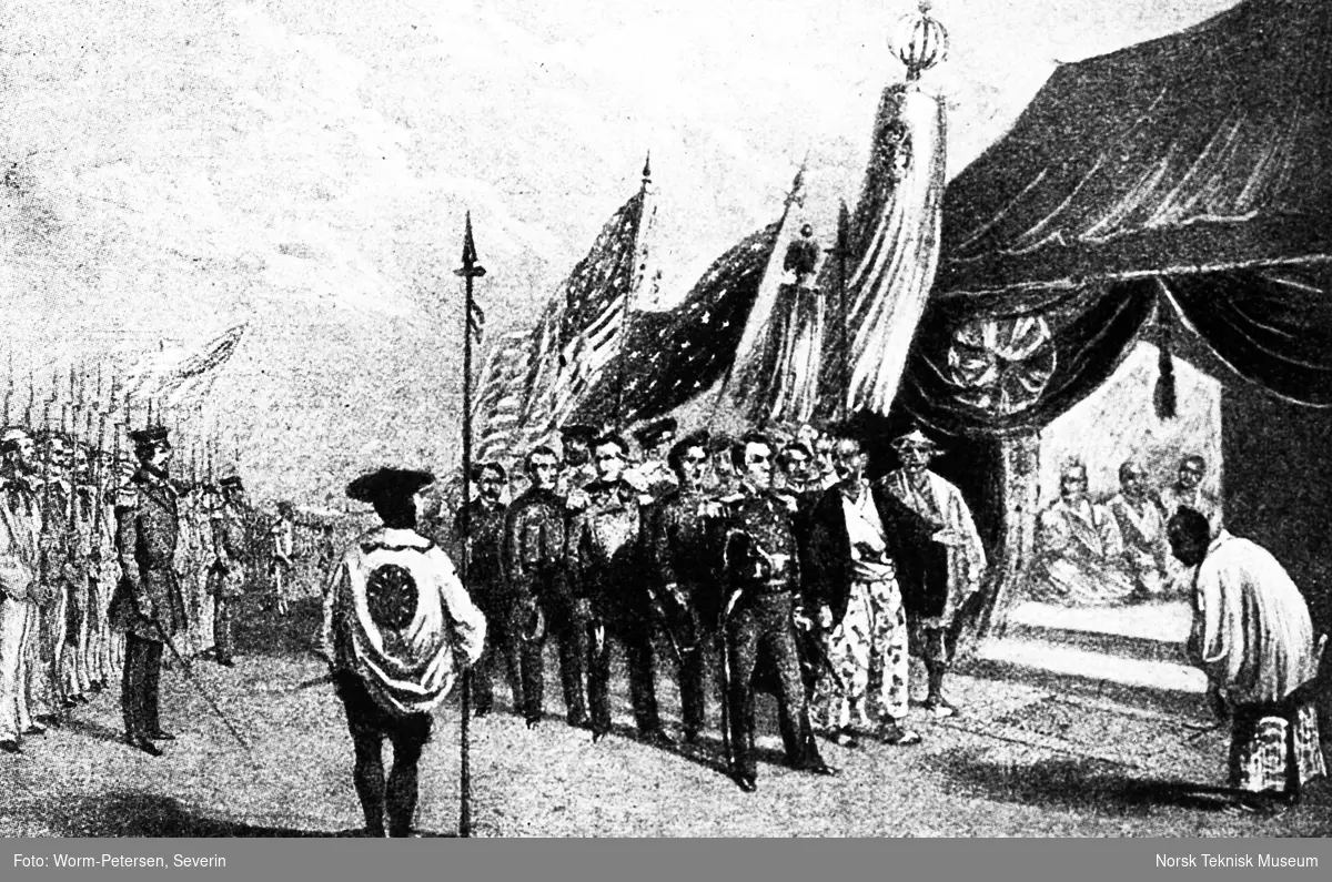 En britisk representant møter japanske myndigheter i 1854. Møtet resulterer i den første formelle avtale mellom Japan og et vestlig land