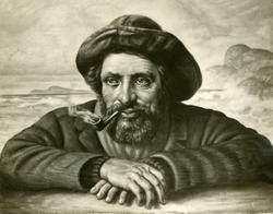 Avfotografert maleri av en fisker som røyker pipe.