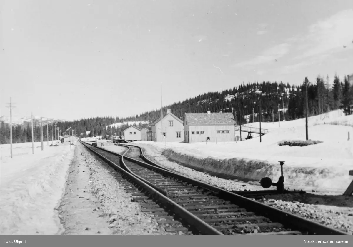 Anlegget Mosjøen-Mo i Rana : Toven stasjon sett fra søndre sporveksel, pel 2605