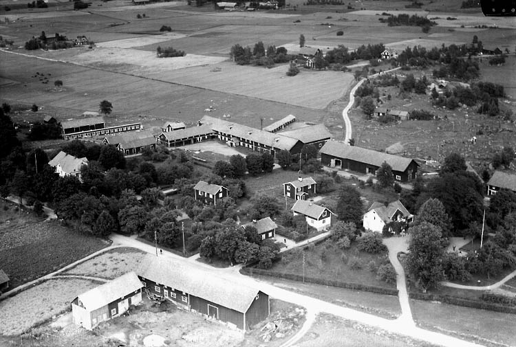 Flygfoto över Götlunda, bostadshus och byggnader.