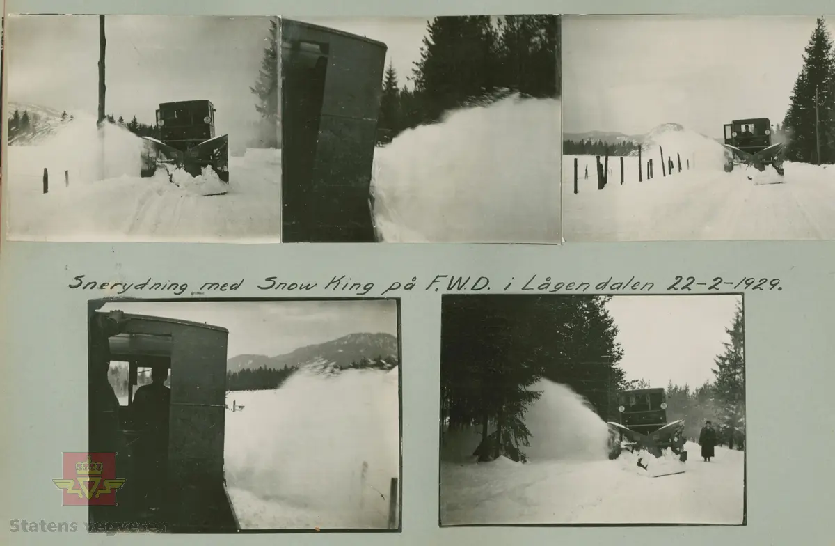 Album fra 1918-1934, "Snebrøyting." I følge merking: "Snørydding med Snow King på FWD i Lågendalen 22.02.1929."
