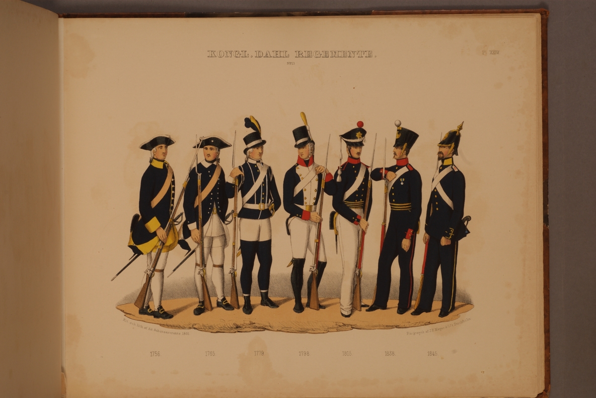 Plansch med uniform för Dalregementet för åren 1756-1845. Plansch i färgtryck efter original av Adolf Ulrik Schützercrantz. Ingår i planschsamlingen Svenska krigsmaktens fordna och närvarande munderingar.